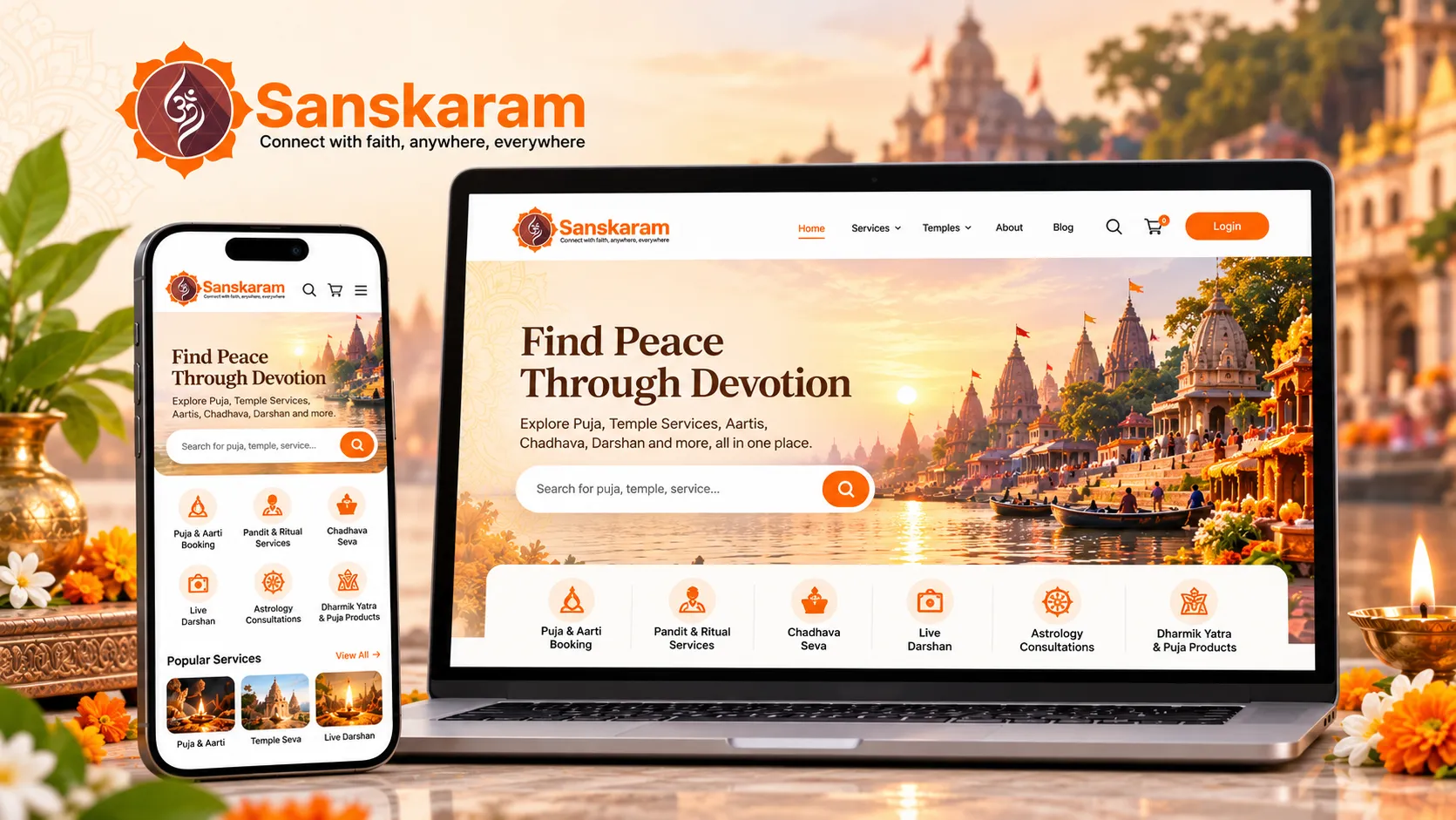 Om Sanskaram website and mobile app showing puja booking, live darshan and spiritual services